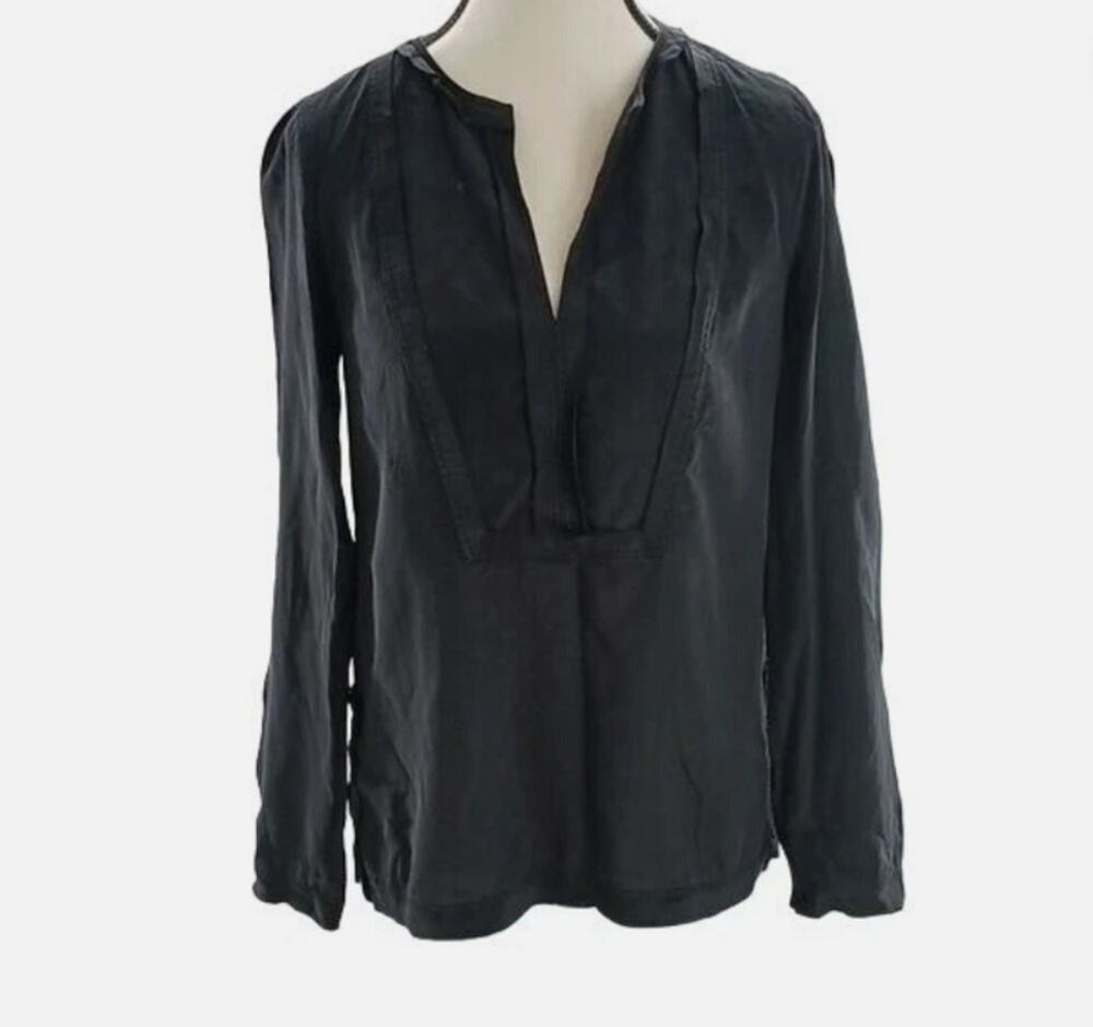 BCBG BLACK "CATO" LONG SLEEVE SQUARE BIB SILK TUNIC TOP Small